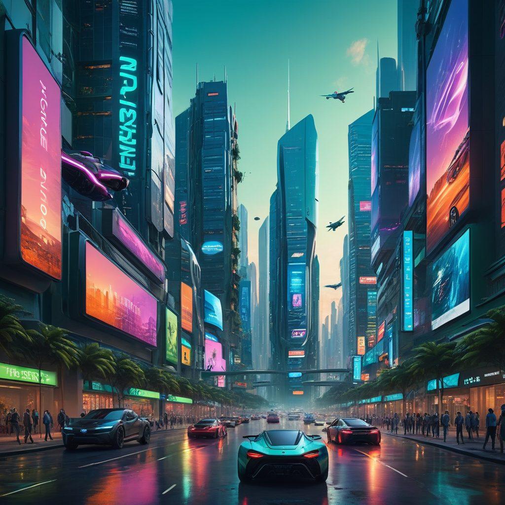A futuristic city skyline at dusk with flying cars and holographic advertisements, showcasing advanced technology and innovation. The scene features diverse groups of people engaging with smart devices and robotics, surrounded by lush green spaces. Vivid colors and dynamic lighting enhance the sense of exploration and excitement. super-realistic. vibrant colors. cyberpunk aesthetic.