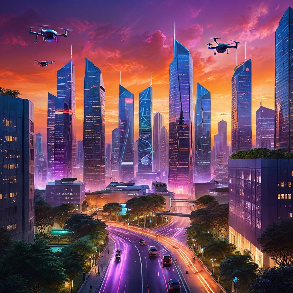 A futuristic cityscape with sleek skyscrapers integrating greenery and renewable energy, showcasing drones and autonomous vehicles in motion. Holographic displays of technology trends hover around prominent tech symbols like AI and blockchain. A sunset sky blends vibrant oranges and purples, reflecting innovation. super-realistic. vibrant colors. 3D.